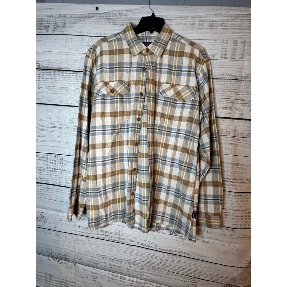 Patagonia Mens Organic Cotton Flannel Plaid Button Down Tan Blue STY42400 L